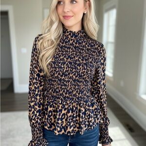 Gibson Animal Print Smocked Blouse